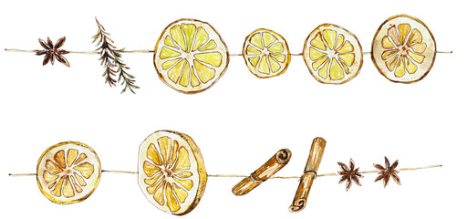 Christmas decoration. Garland with dry orange, rosemary, cinnamon and star anise. Isolated on white background. Watercolor hand drawn illustration. Food backdrop. Sketch