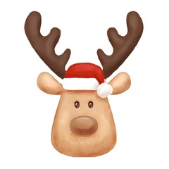 Cute reindeer face in Santa Claus hat. Hand drawn illustration Isolated on white. Christmas sign
