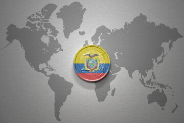 euro coin with national flag of ecuador on the gray world map background.3d illustration.