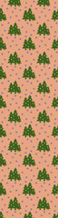 pattern. Image of green Christmas trees with balls and snowflakes on pastel red orange backgrounds. Symbol of New Year and Christmas. Vertical banner for insertion into site. 3D image. 3d rendering