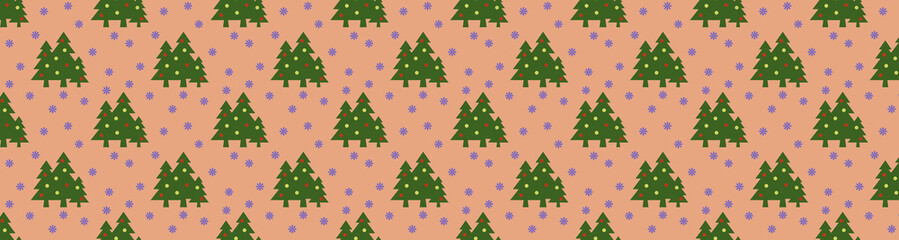 pattern. Image of green Christmas trees with balls and snowflakes on pastel red orange backgrounds. Symbol of New Year and Christmas. Banner for insertion into site. 3D image. 3d rendering