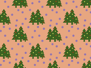 pattern. Image of green Christmas trees with balls and snowflakes on pastel red orange backgrounds. Symbol of New Year and Christmas. Template for application to surface. 3D image. 3d rendering