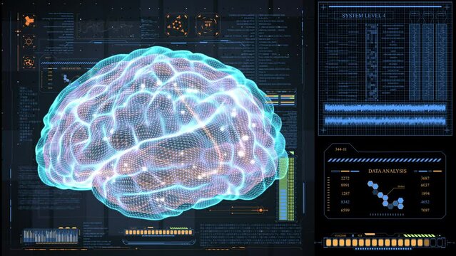 Magnetic Resonance Images of the Brain. A High-Tech Screen Displays the Brain in 3D and Monitors Vital Signs In the form of Digital Data and Diagrams. Medical Research Concept.