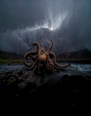 Cthulhu, sea ​​shore with giant octopus, fantasy image, nightmare, sunset beach with sea monster