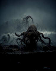 sea ​​shore with giant octopus, fantasy image, nightmare, sunset beach with sea monster © Inmaculada