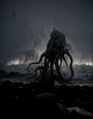 sea ​​shore with giant octopus, fantasy image, nightmare, sunset beach with sea monster