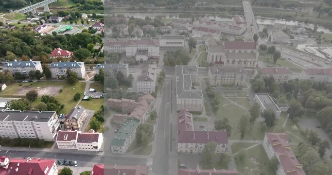 transition on video of flight over the city with result before and after color grading with applying the lut, look up table, to video raw log file