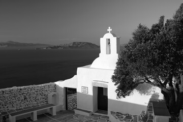 View of the beautiful and whitewashed Paleokastro Monastery and the Aegean Sea in the background in...