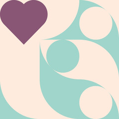 Romantic vector abstract  geometric background with hearts, circles, rectangles and squares  in retro Scandinavian style. Pastel colored simple shapes graphic pattern. Abstract mosaic artwork.
