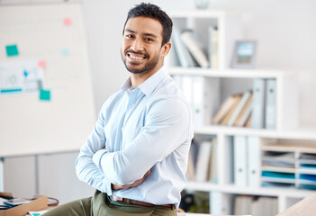 Portrait of Asian businessman working in office, smile for corporate success and management at...