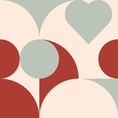Romantic vector abstract  geometric background with hearts, circles, rectangles and squares  in retro Scandinavian style. Pastel colored simple shapes graphic pattern. Abstract mosaic artwork.