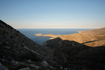 Panoramic view of the Aegean Sea at sunset, from the top of the Monastery Paleokastro in Ios Greece
