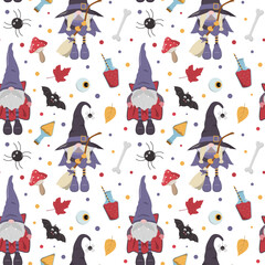 Fototapeta na wymiar Cute cartoon Halloween gnome characters pattern. Vampire in a cloak, witch with a broom, red and yellow potions, amanita, and others. Spooky holiday background.