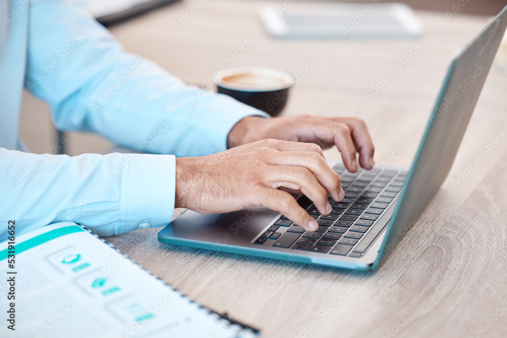 Aufkleber Computer typing, man working and work web research of a tech business man at a office. IT internet worker with digital big data analytics planning information technology design strategy on a laptop