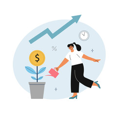 Woman investor watering  money plant. Online investment concept. Vector flat style cartoon illustration