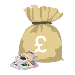 Pound Sterling Vector Illustration. United Kingdom, Guernsey, Isle of Man, Jersey money set bundle banknotes. Money bag 10, 20, 50 GBP. Flat style. Isolated on white background. Simple minimal design.