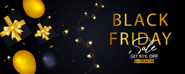 Black Friday Sale Banner With Gifts And Balloons
