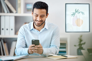 Phone, communication and schedule with a business man working in his office with wifi and mobile technology. Email, networking and text message with a young male employee at his desk at work