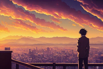 Fototapeta Anime man looking in the distance at sunset. Manga style digital artwork. Hopeful young character. Emotional man thinking. Person in love being sad and depressed. Cartoon illustration. Man in a suit. obraz