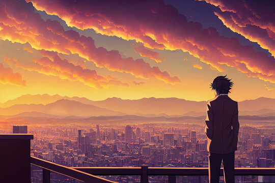 Anime man looking in the distance at sunset. Manga style digital artwork. Hopeful young character. Emotional man thinking. Person in love being sad and depressed. Cartoon illustration. Man in a suit.