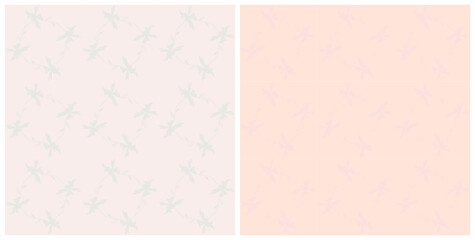 Delicate flowers background set. Light pink and light orange with silver flowers vector seamless pattern.