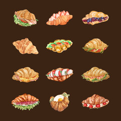 Set of croissant sandwiches in watercolor style vector illustration