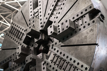 Base plate of huge lathe machine tool in plant workshop