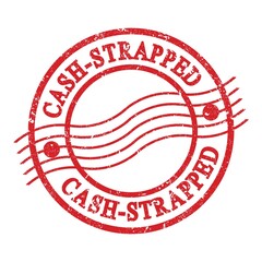 CASH-STRAPPED, text written on red postal stamp.