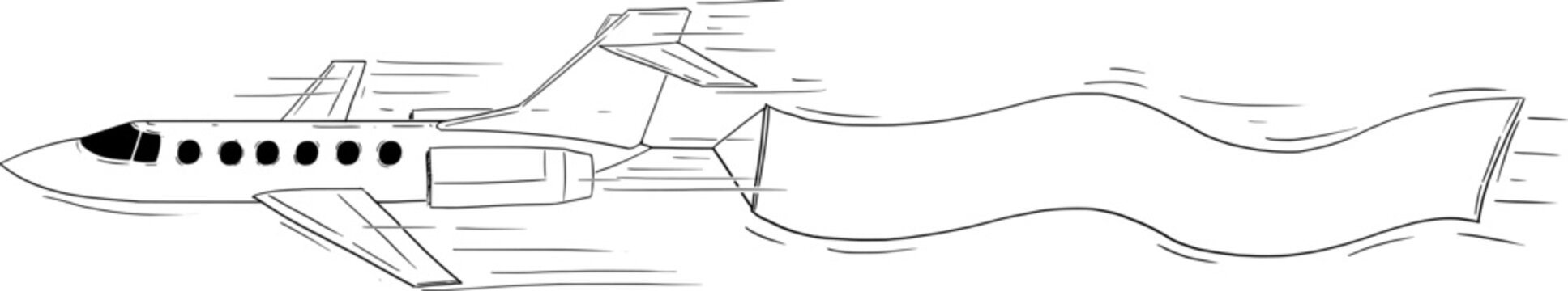 Drawing of Flying Aircraft Dragging Empty Banner, Vector Cartoon Illustration