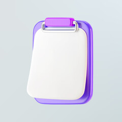3d purple clipboard icon with blank sheet of paper isolated on gray background. Render clipboard with 3d document for notes, contracts, schedule, work planning. 3d cartoon simple vector illustration