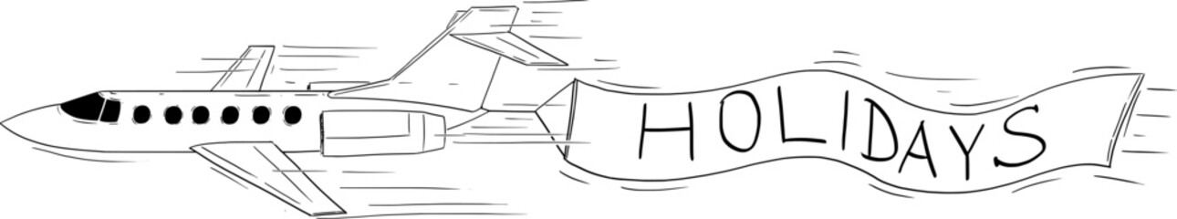 Fototapeta na wymiar Drawing of Flying Aircraft Dragging Holidays Banner, Vector Cartoon Illustration