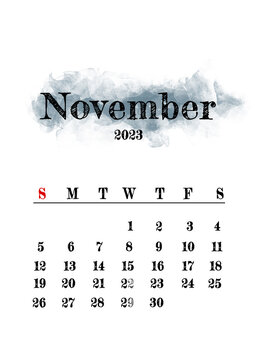 2023 November month calendar template minimalistic design