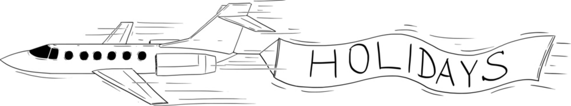 Drawing of Flying Aircraft Dragging Holidays Banner, Vector Cartoon Illustration