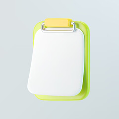 3d green clipboard icon with blank sheet of paper isolated on gray background. Render of clipboard with 3d document for notes, contracts, schedule, work planning. 3d cartoon simple vector illustration