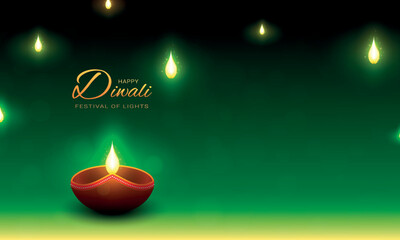 Green happy diwali with lighting diya lamp. Festival of lights.