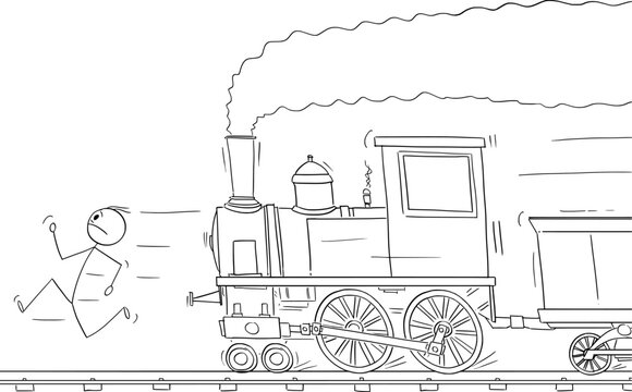 Person Running on Track Away from Steam Train, Vector Cartoon Stick Figure Illustration