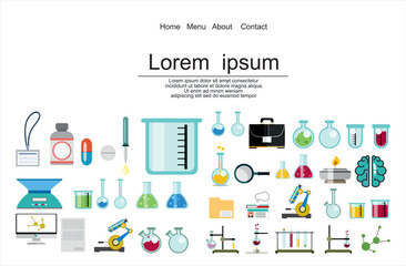 Graphic set chemical laboratory science and chemical objects flat
