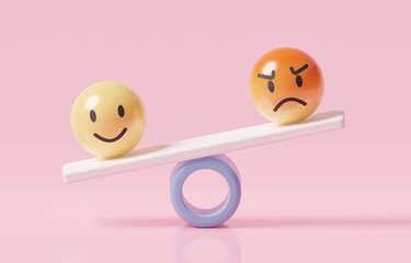 Happy face on weighting scales that is heavier than angry face, emotional intelligence, overcoming negative emotion concept, 3d render illustration. - obrazy, fototapety, plakaty