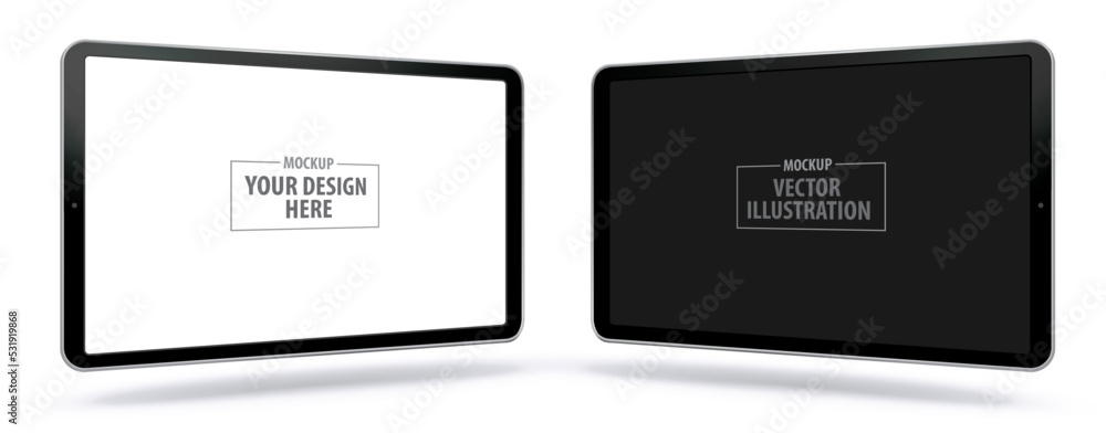 Poster tablet computer realistic vector mockup with perspective view. horizontal tablet pc screens isolated