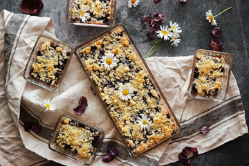 Blueberry pie. Delicious pie on a concrete table