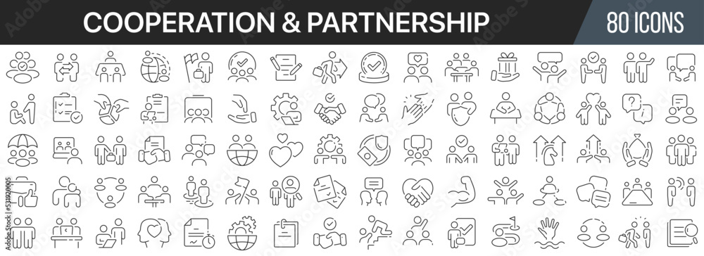 Aufkleber cooperation and partnership line icons collection. big ui icon set in a flat design. thin outline ic