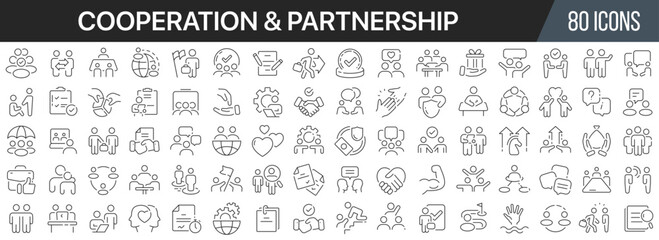 Cooperation and partnership line icons collection. Big UI icon set in a flat design. Thin outline icons pack. Vector illustration EPS10