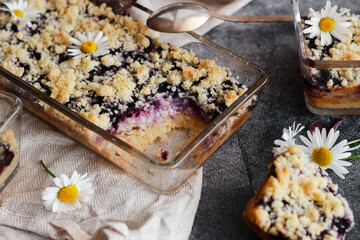 Blueberry pie. Delicious pie on a concrete table