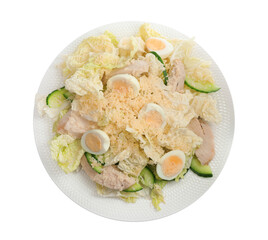 Delicious salad with Chinese cabbage, eggs and meat isolated on white, top view