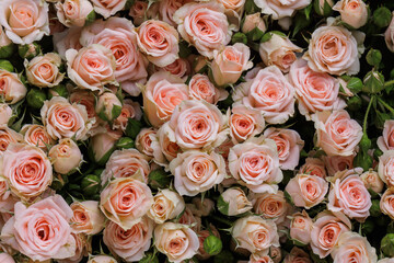 Bunch of fresh pink pale roses floral background