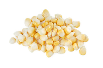 Pile of tasty fresh corn kernels on white background