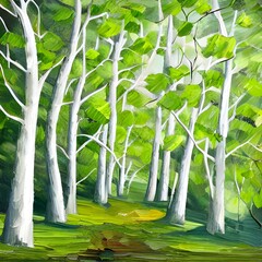 樹木の油絵_白樺の木立