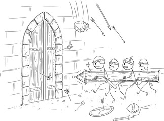 Battering Ram Attacking Castle Gate During Medieval Battle or Siege, Vector Cartoon Stick Figure Illustration