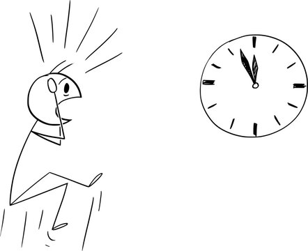 Person or Businessman Shocked Looking on Clock, Vector Cartoon Stick Figure Illustration