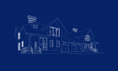 Modern building perspective 3D. Drawing of the townhouse. Outlines cottage on white background. House 3D model perspective vector. House blueprint. EPS 10. 